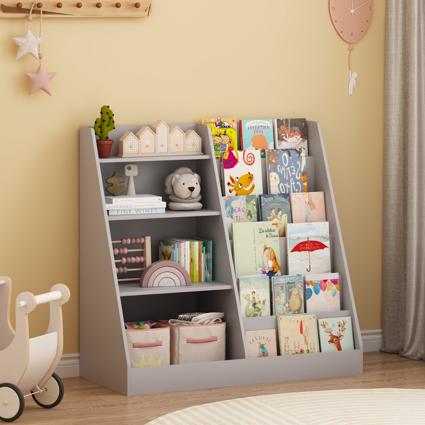 Kids Bookshelf And Toy Storage Organizer, Multifunctional 4 Tier Wooden Kids Book Shelf With  Bookcase Display Stand In Kids Room Playroom Nursery For Kids, Children, Toddlers  Gray