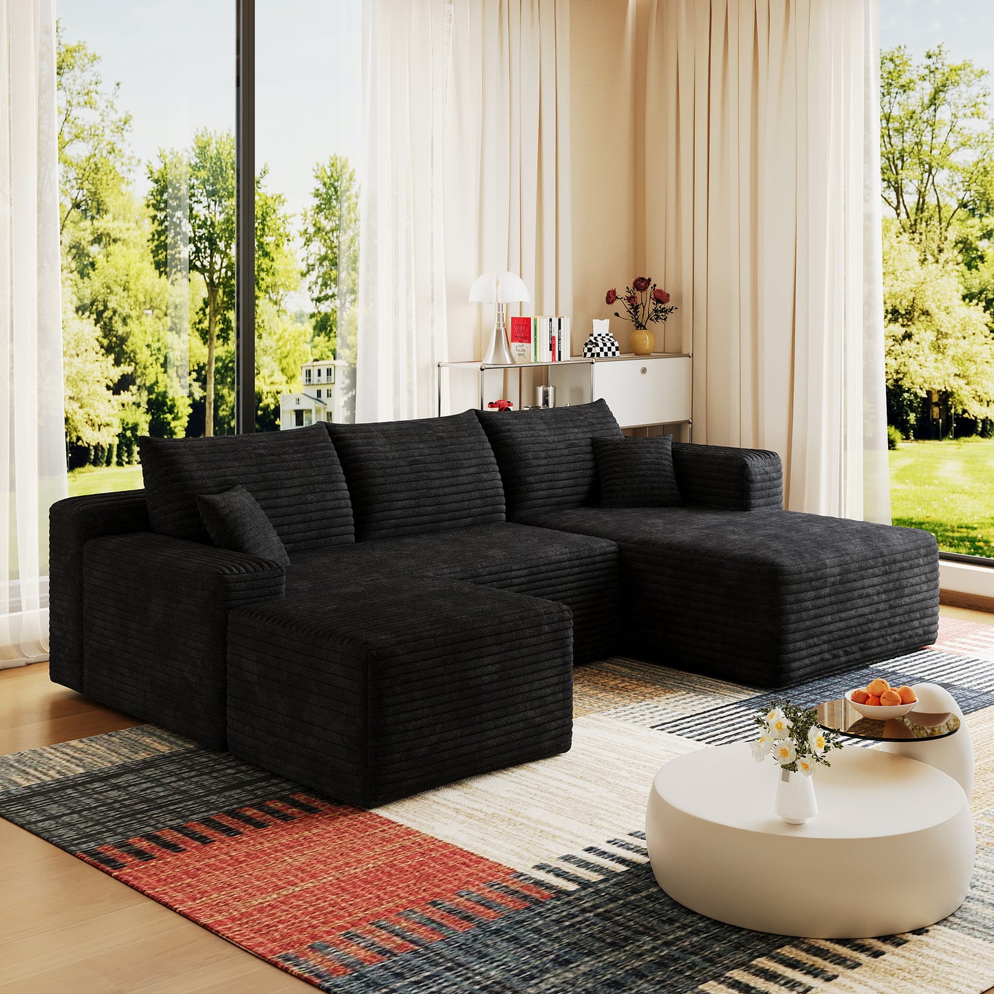 95  Cloud Sectional Sofa With 1 Ottoman,Modern Minimalist Upholstered Couches, Comfort U Shaped Sofa For Living Room,Deep Seat Corner Couch,No Assembly Required,Black  Plush Corduroy Fabric
