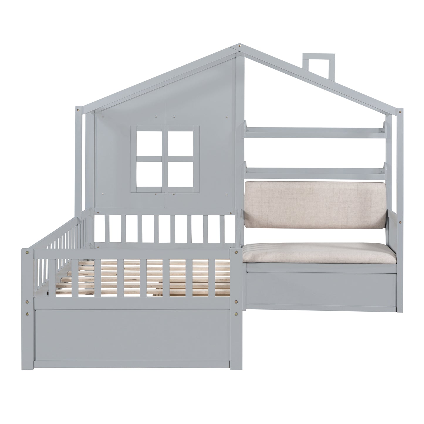 Twin Size House Bed With Sofa, Kids Platform Bed With Two Drawers And Storage Shelf, Gray  Old