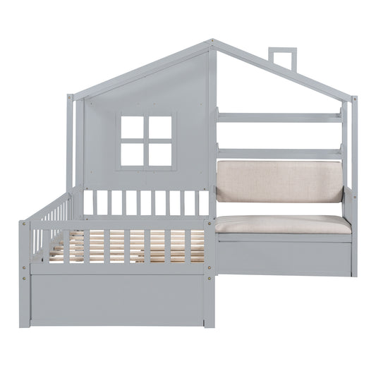 Twin Size House Bed With Sofa, Kids Platform Bed With Two Drawers And Storage Shelf, Gray  Old