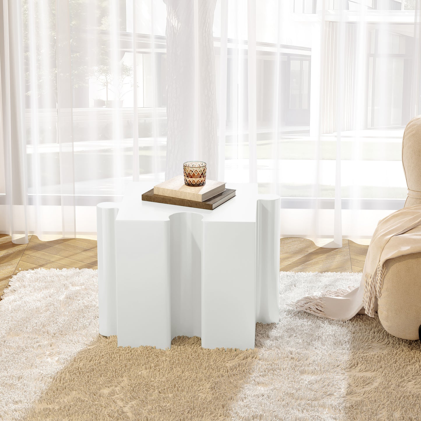 3-Piece Artistic Puzzle Table Set,Modular MGO Side Tables With Interlocking Design  2 Convex & 1 Concave , 200lb Capacity For Indoor & Outdoor,White Color