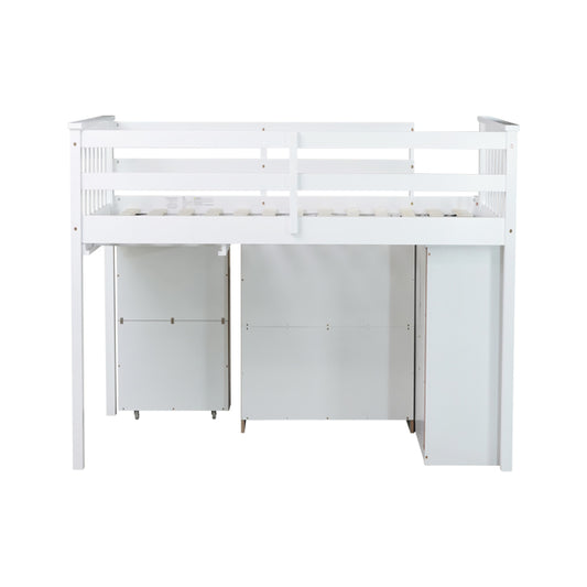 Twin Loft Bed With Storage Cabinet, Drawer And Shelf Cabinet And Pulling-Out Desk, Rubber Wood Loft Bed With Safety Guardrail, Ladder,White
