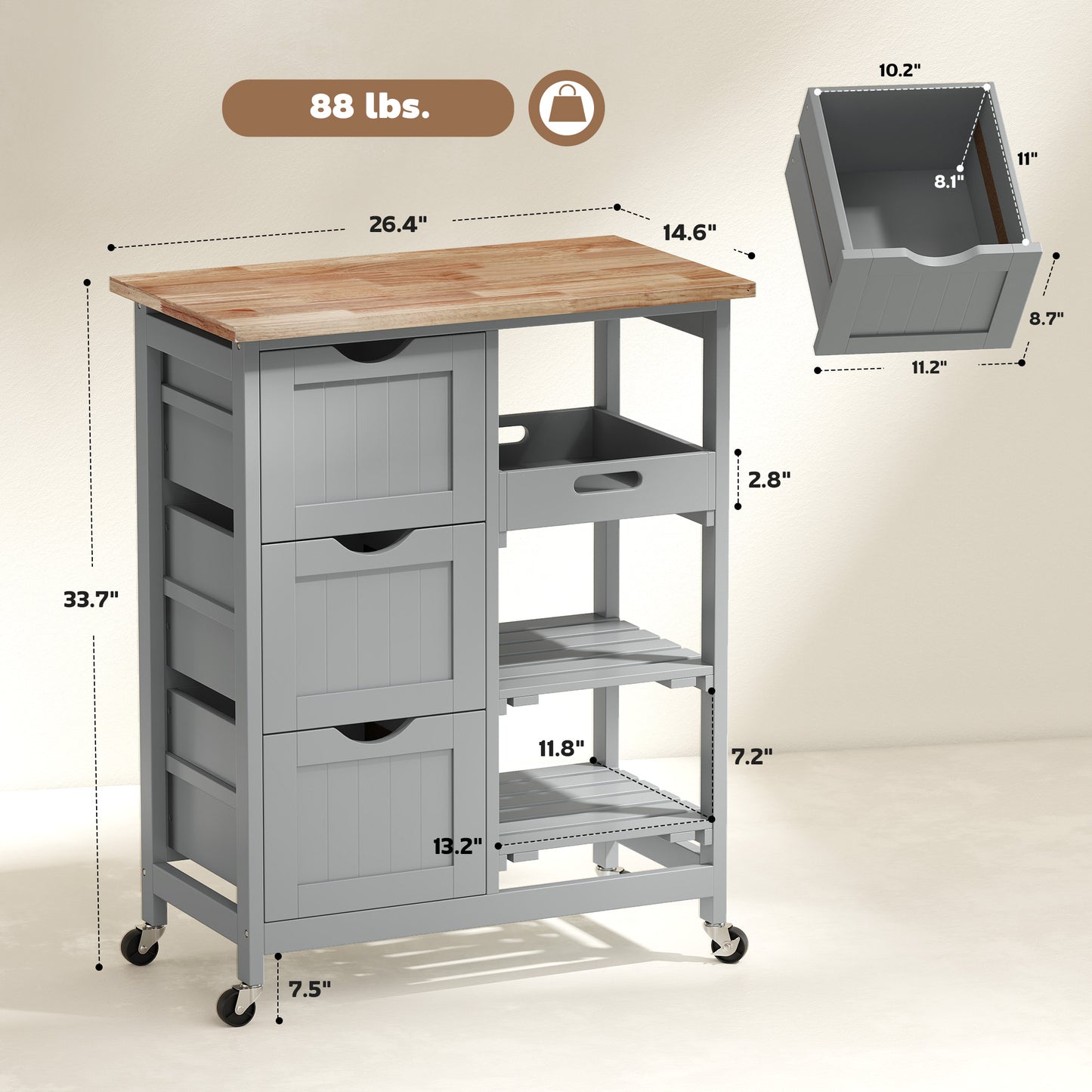 Rolling Kitchen Cart, Kitchen Island With Wood Top, Shelves & Drawers For Dining Area, Gray