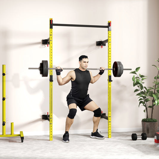 Folding Squat Rack With Pull Up Bar, Wall Mounted And Adjustable, 1000 Pounds Capacity Power Rack, Yellow