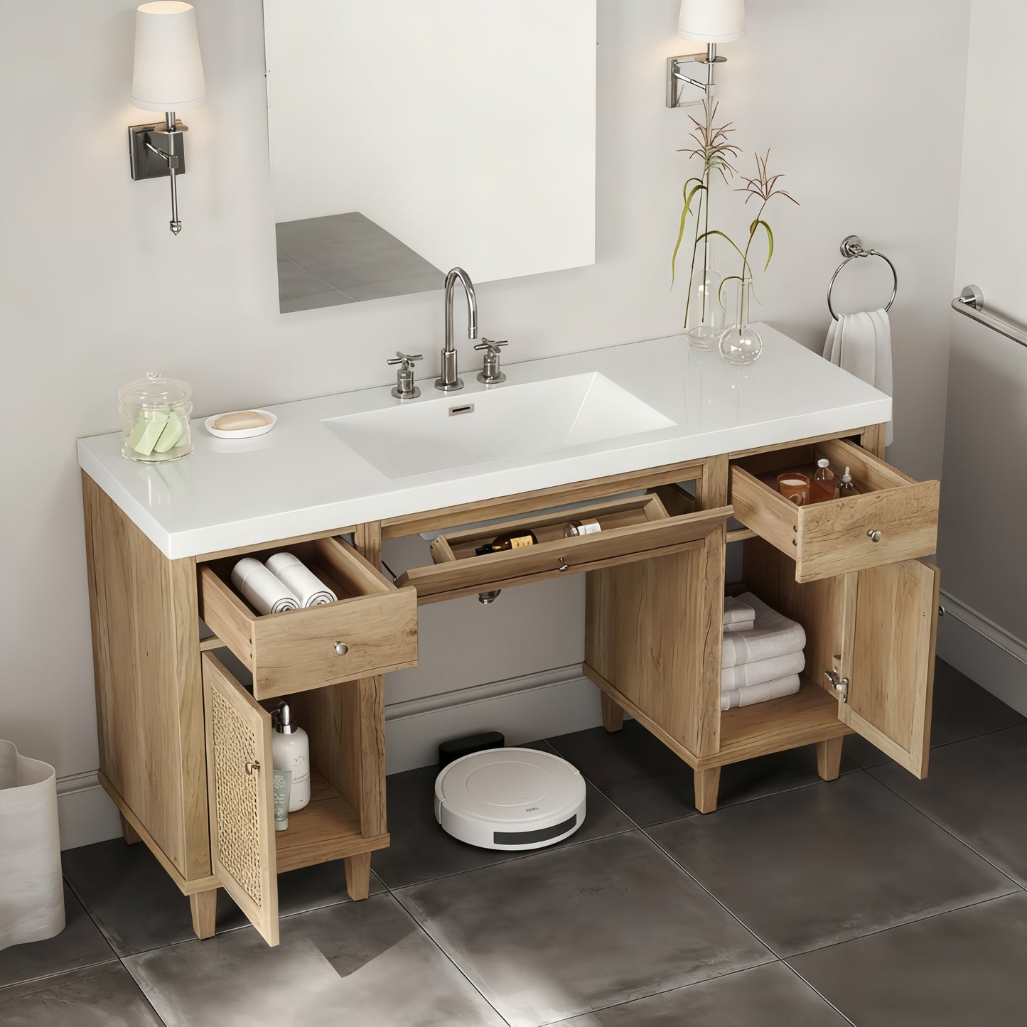 60 Inch Bathroom Vanity With SMC Sink, Modern Spacious Bathroom Storage Cabinet With Soft Close Drawers And Tip-Out Tray, Solid Wood Legs And Silver Metal Knobs, Wheelchair-friendly Style,Wood Color
