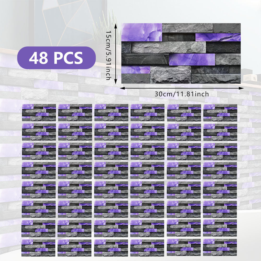 Peel And Stick Splash Proof Marble Wall Tiles, Waterproof And Oil Resistant, Purple Glossy Imitation Stone Wall Sticker