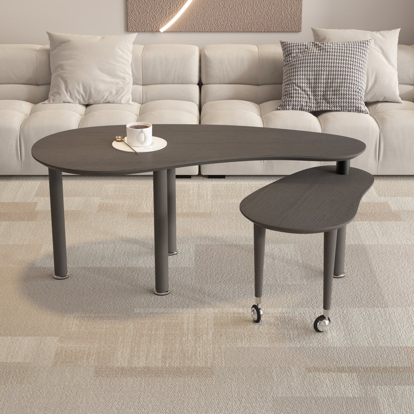 Contemporary Rotatable Cocktail Table With Solid Rubber Wood Legs, 360 Degree Rotating Coffee Table With Wood Grain Veneer Tabletop Grey Brown  Walnut Black Finish For Living Room, Bedroom