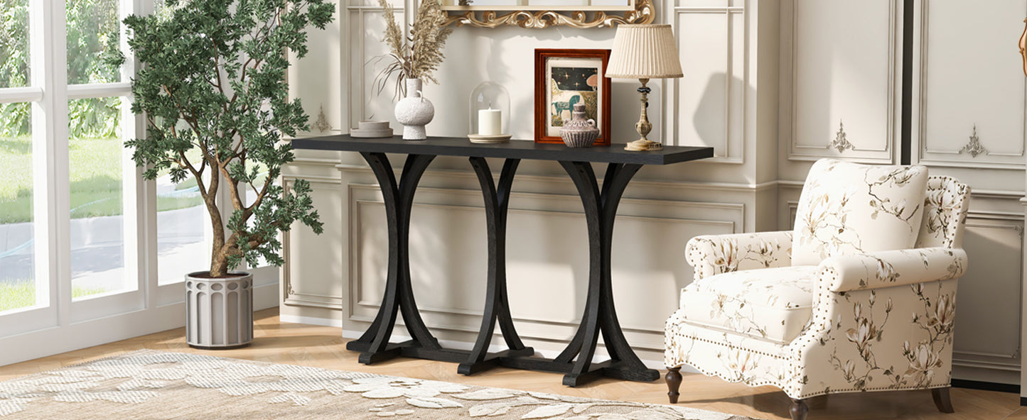 U- Style 59.8  Wooden Console Table With Oak Veneer Top Farmhouse Entryway Table With Rubber Wood Slender Curved Legs Perfect For Living Room Entryway Hallway  Dining Spaces.