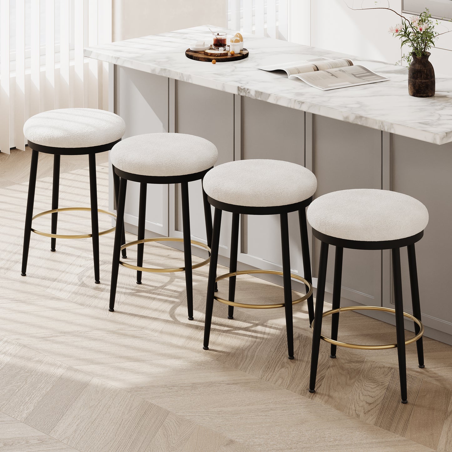 24.75 Modern Counter Stools Set Of 4,White Counter Stools With Iron Frame,Sponge Cushion,Footrest,suitable For Kitchen Bedroom Dining Room.