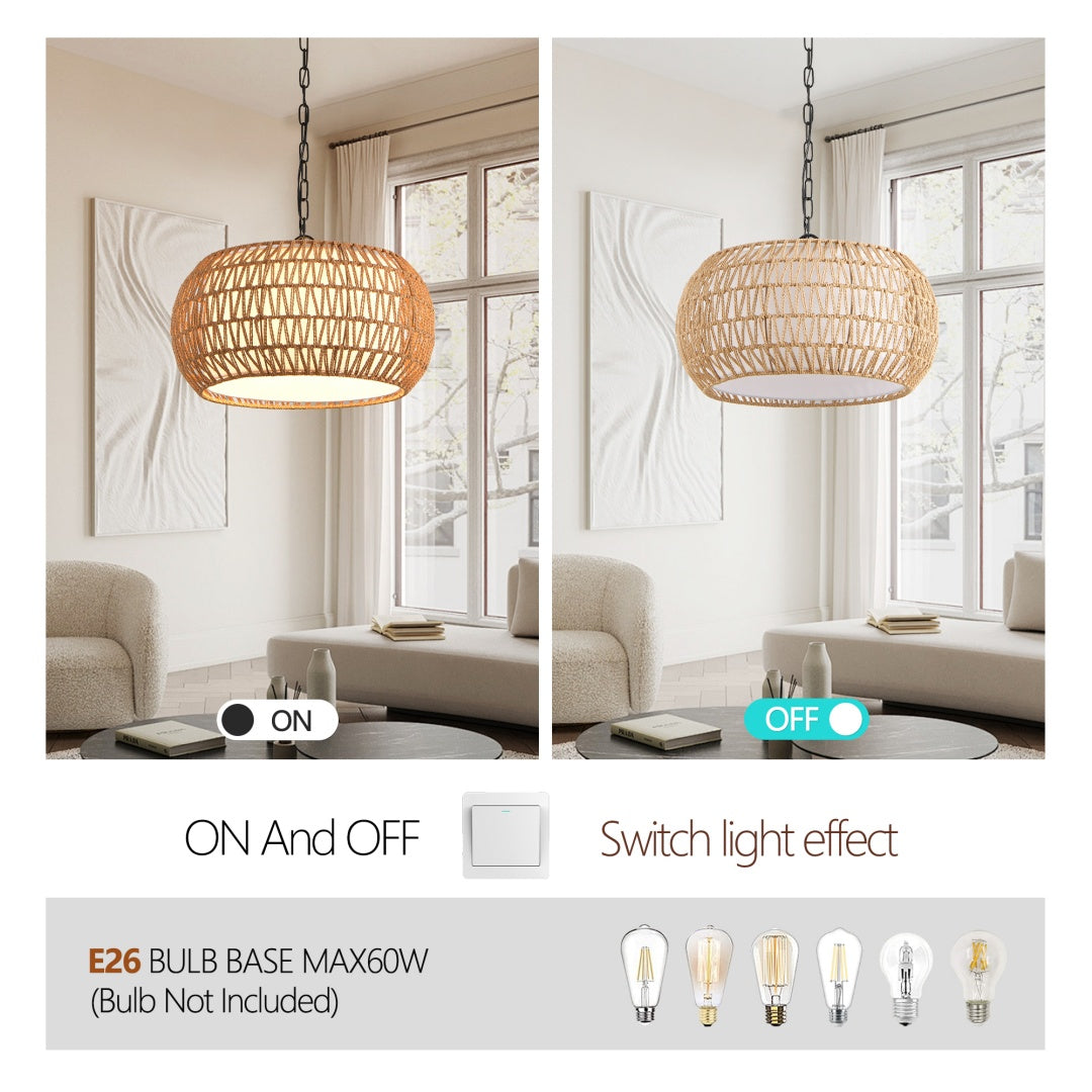 18   Farmhouse Pendant Light With Adjustable Height, Boho Woven Jute Rope Hanging Ceiling Light Fixture, E26 Base, 60W Max, Compatible With Flat, Vaulted, And Sloped Ceil   Bulb Not Included