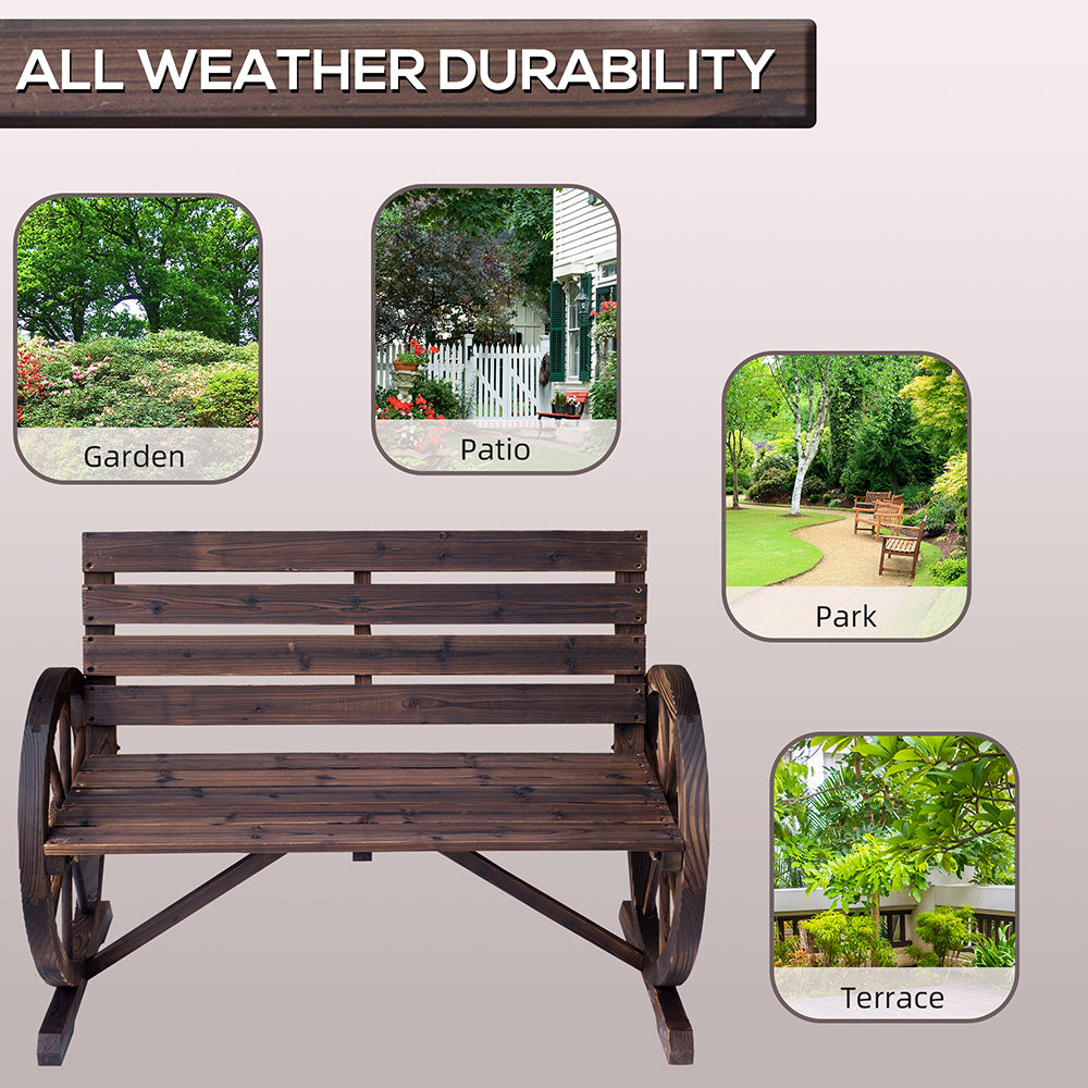 Wooden Wagon Wheel Bench, Rustic Outdoor Patio Weather Resistant Furniture, 2-Person Slatted Seat Bench With Backrest Supports Up To 550 Lbs For Patio, Garden, Or Other Outdoor Areas