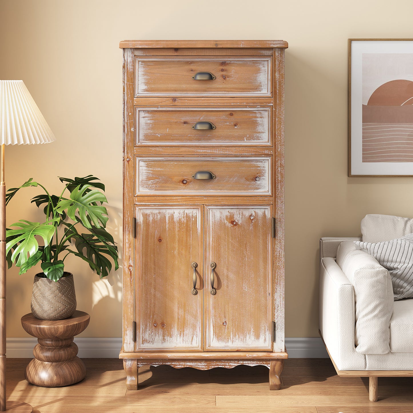 Rustic Wooden Storage Cabinet With Decorative Cutout Door & 3 Drawers, Tall Narrow Organizer For Living Room, Bedroom Natural Wood