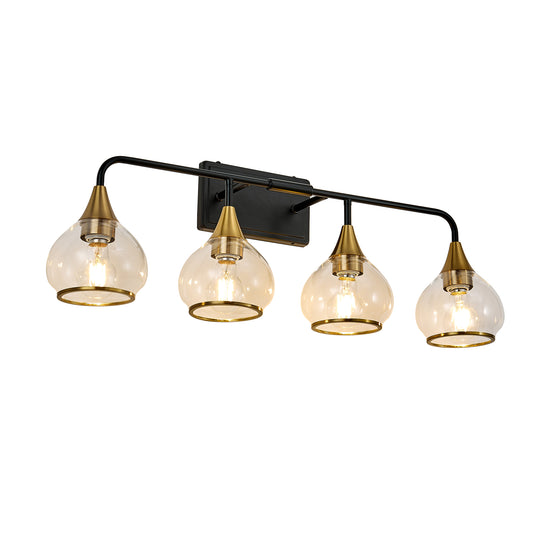 31 Modern 4-Light Vanity Wall Sconce - Black And Gold Bathroom Light Fixture With Clear Glass Shades, Industrial Wall Mounted Lamp For Mirror, Vanity, And Living Spaces Bulb Not Included