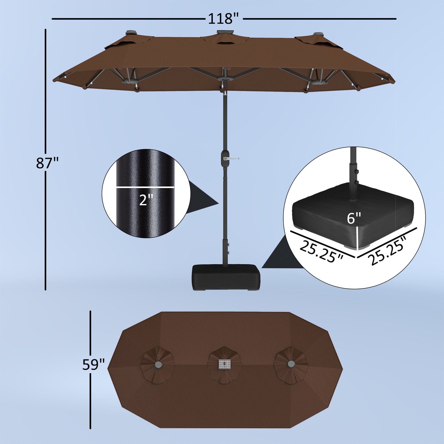 Double-sided Outdoor Patio Umbrella With Solar Lights And Base, Dining Table Umbrella Push Button Tilt, Coffee