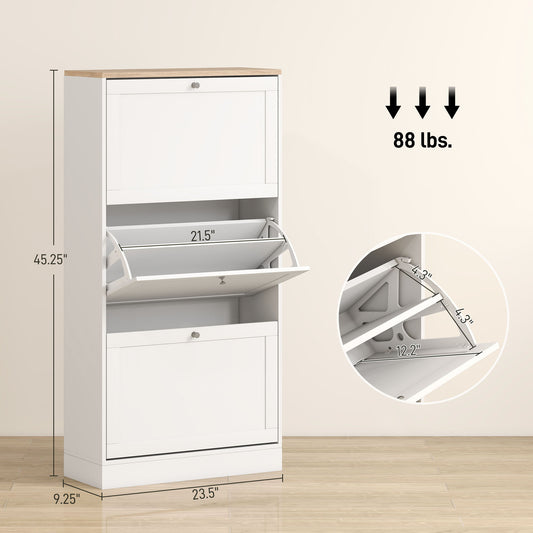 Modern Shoe Storage Cabinet With 3 Flip Drawers And Adjustable Shelves For 12-18 Pairs Of Shoes, White
