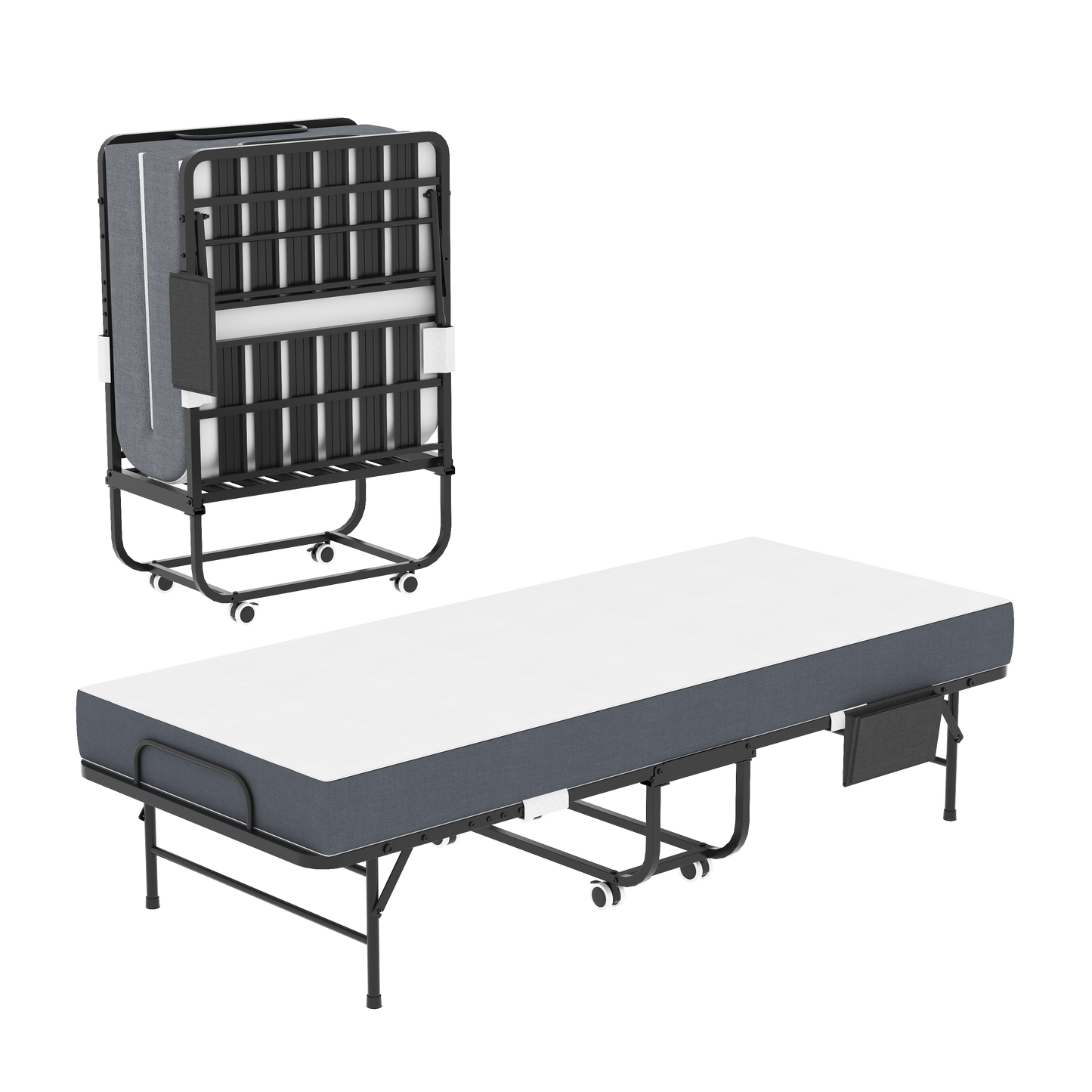 75 Inch Folding Bed With 5  Memory Foam Mattress, Space Saving Rollaway Guest Bed, Heavy-Duty Metal Frame On Wheels, Portable Twin Bed For Adults & Guests