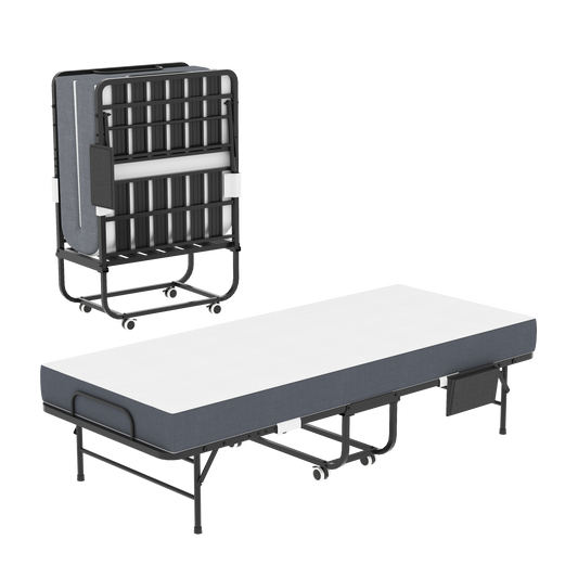 75 Inch Folding Bed With 5  Memory Foam Mattress, Space Saving Rollaway Guest Bed, Heavy-Duty Metal Frame On Wheels, Portable Twin Bed For Adults & Guests