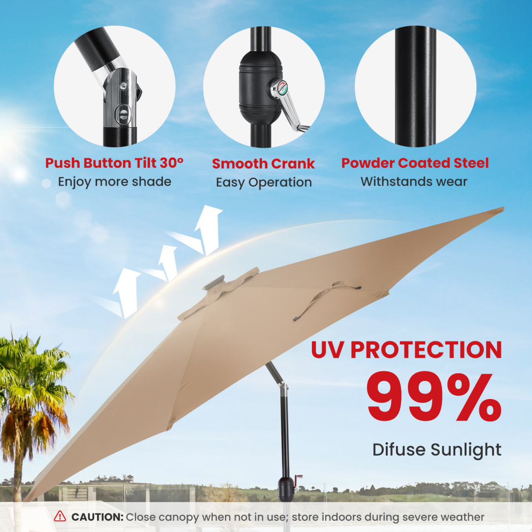 10ft Solar Polyester 32 LED Lighted Patio Umbrella With Tilt Adjustment And UV-Resistant Fabric