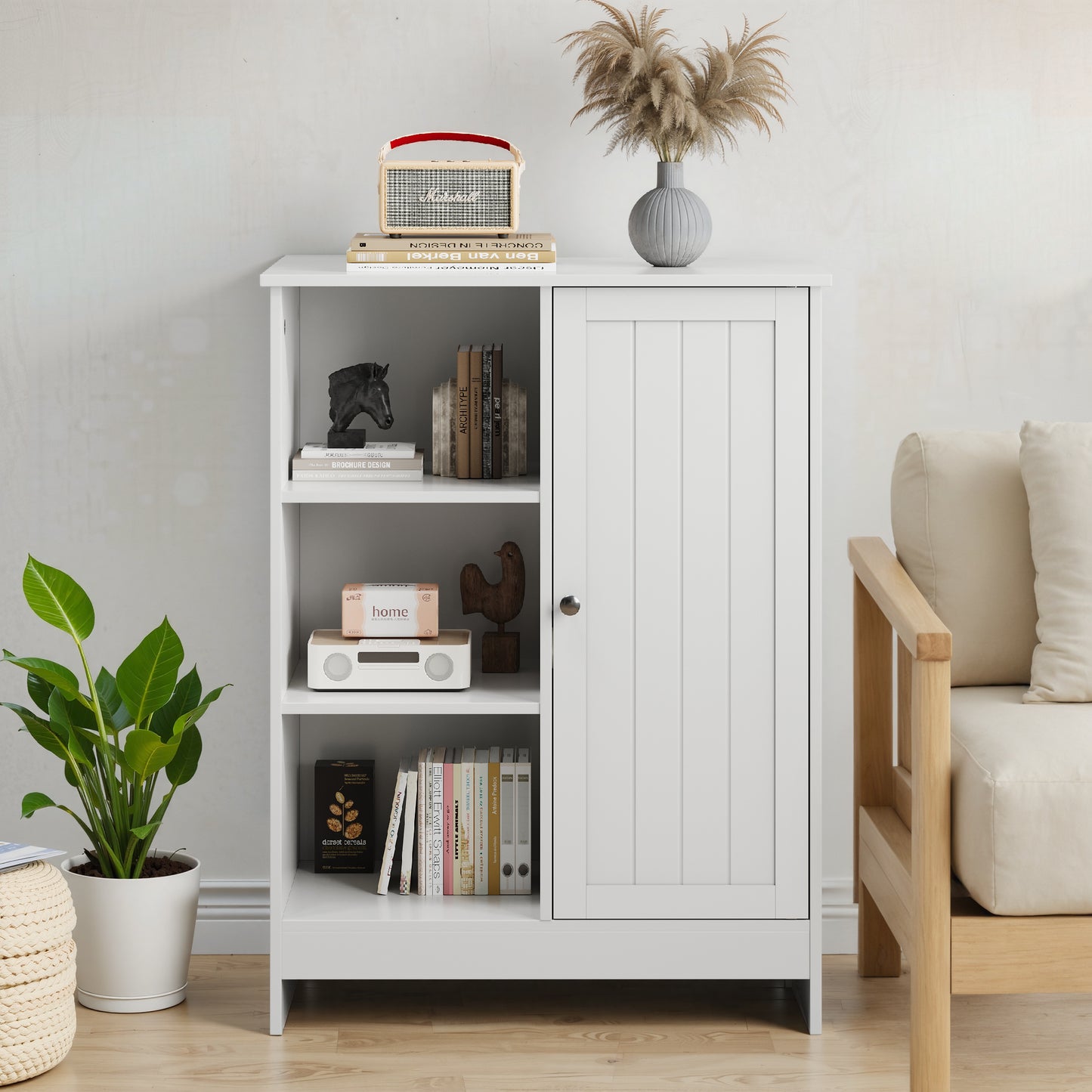 Bathroom Cabinet, Kitchen Freestanding Storage Rack, 23.62 X 11.81 X 31.5 Floor Storage Cabinet With 1 Cabinet, 3 Open Compartments, Adjustable Shelves, White