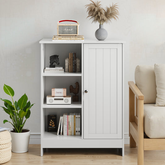 Bathroom Cabinet, Kitchen Freestanding Storage Rack, 23.62 X 11.81 X 31.5 Floor Storage Cabinet With 1 Cabinet, 3 Open Compartments, Adjustable Shelves, White