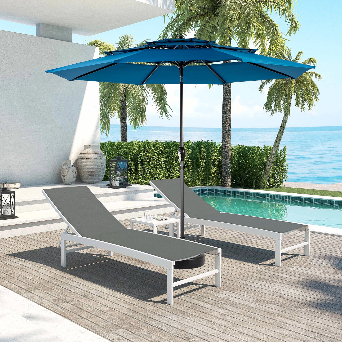 Aluminium 10ft 3 Tier Auto-tilt Umbrella ,Outdoor Patio Umbrella - Market Table Pool Deck Umbrella Base Not Included   Dark Blue