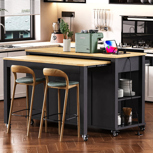 K&K 47 Inch Kitchen Island With Extendable Dining Table, Rubber Wood Veneer Kitchen Table With Internal Storage Rack, Power Outlet, Kitchen Island With Storage 2 Drawers 2 Cabinet, Black