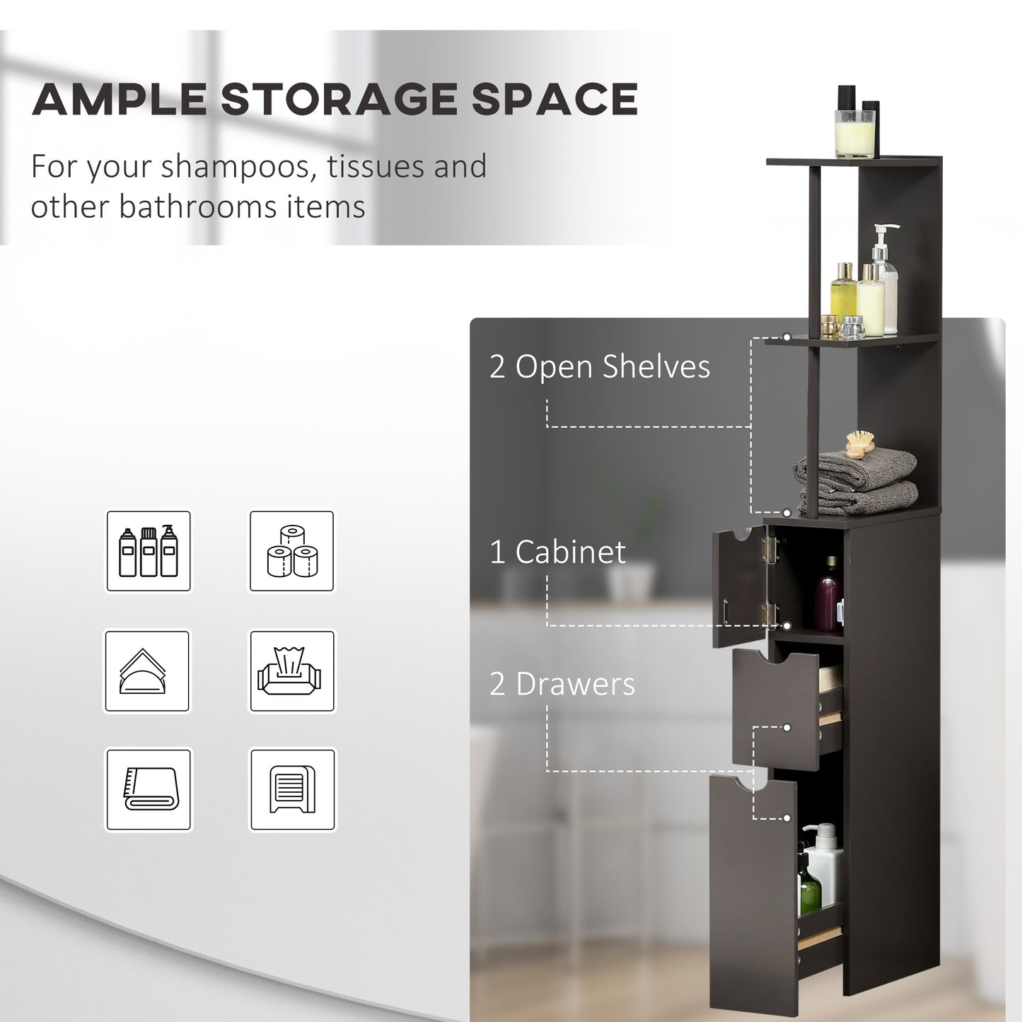 HOMCOM 54 Tall Bathroom Storage Cabinet, Freestanding Linen Tower With 2-Tier Shelf And Drawers, Narrow Side Floor Organizer, Brown