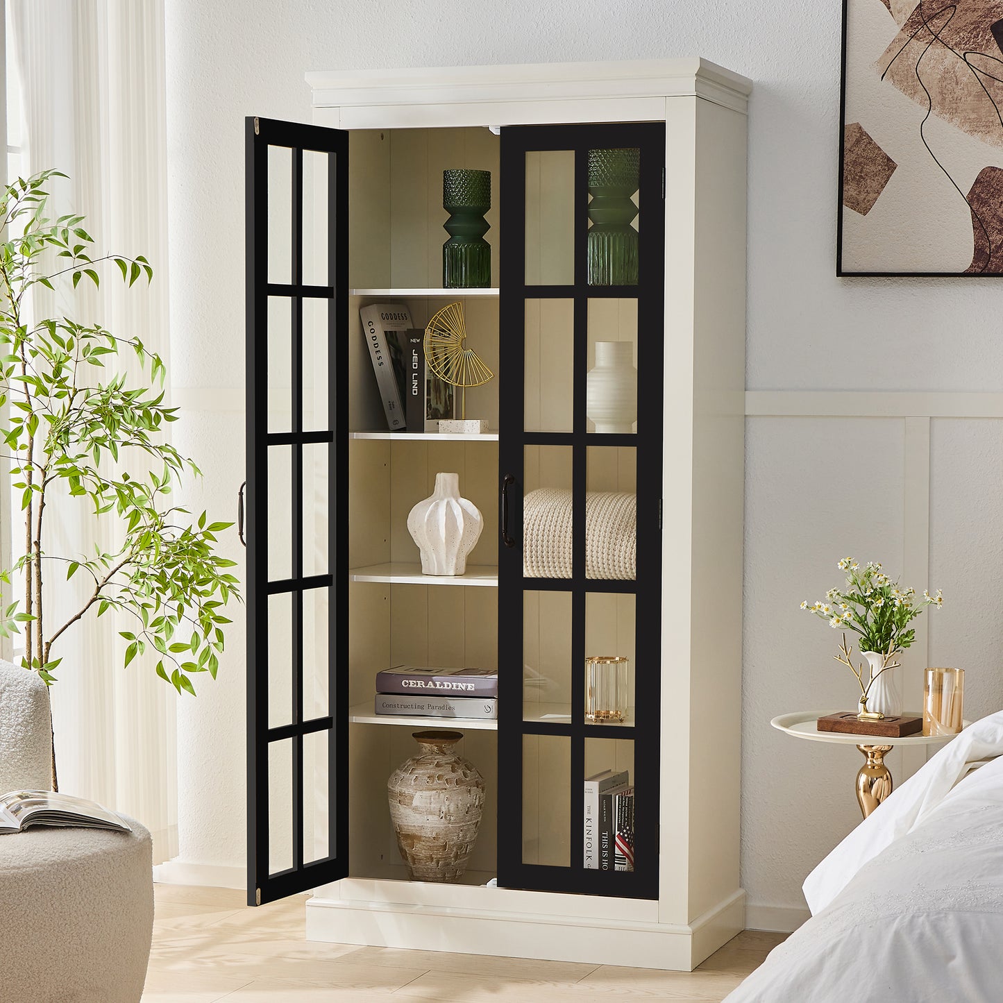 71.2  Freestanding Glass Door Pantry, Farmhouse Style Display Cabinets, Curio Cabinet With Lattice Window For Hallways, Livingroom Kitchen & Office, White & Balck