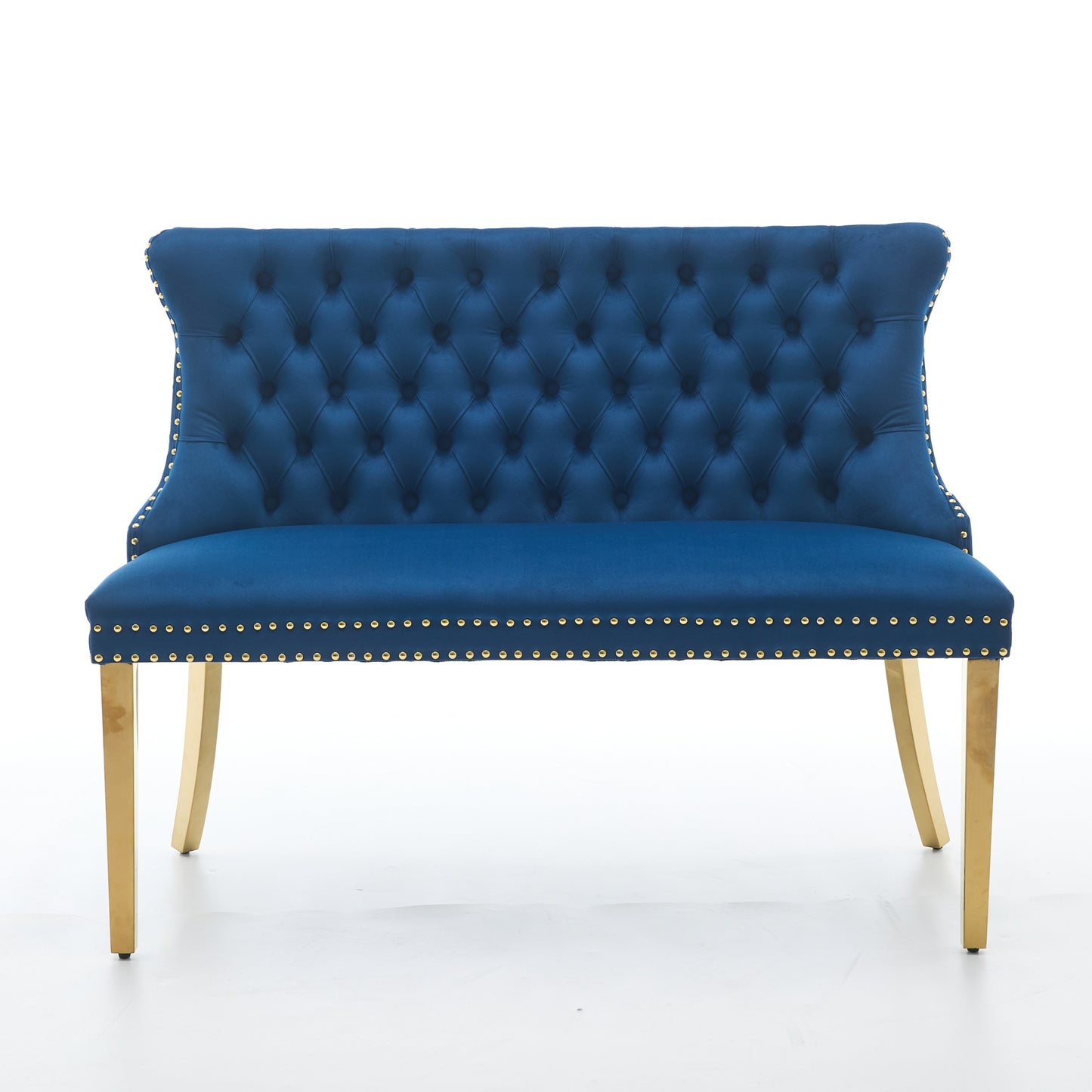 Velvet Double Dining Loveseat Bench, Kitchen & Dining Seating, 2-Seat Tufted Bench W Handmade Buttons, Wing Back, Gold-Plated Steel Legs, Mid Century Modern,Single Pack,Blue,SW1602BL
