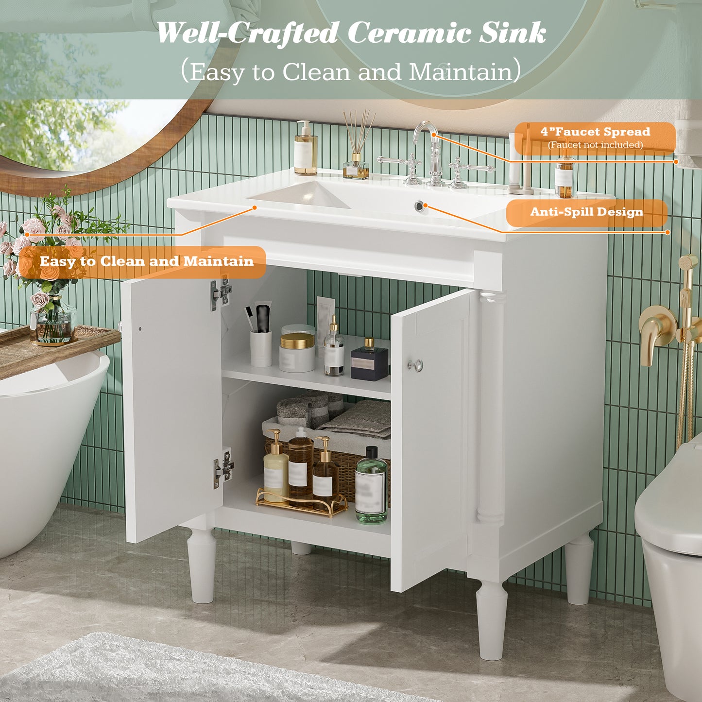 30   Luxurious Bathroom Vanity Cabinet With Ceramic Sink Basin, 30-Inch, Storage Cabinet With Soft Close Doors And Solid Wood Legs