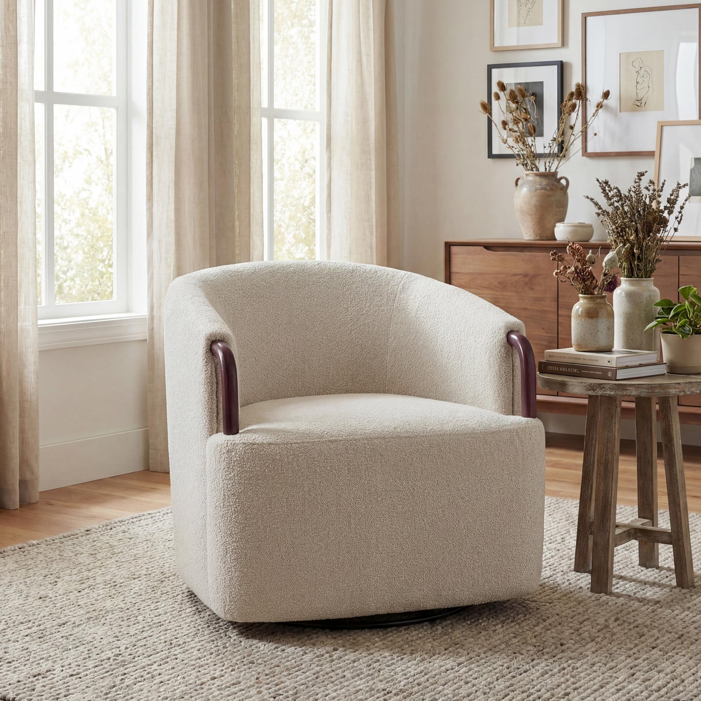30  Modern Boucle Swivel Barrel Chair With Solid Wood Accents, Soft Durable Upholstery & 360 Swivel Base, Ideal For Living Room, Bedroom, Or Office