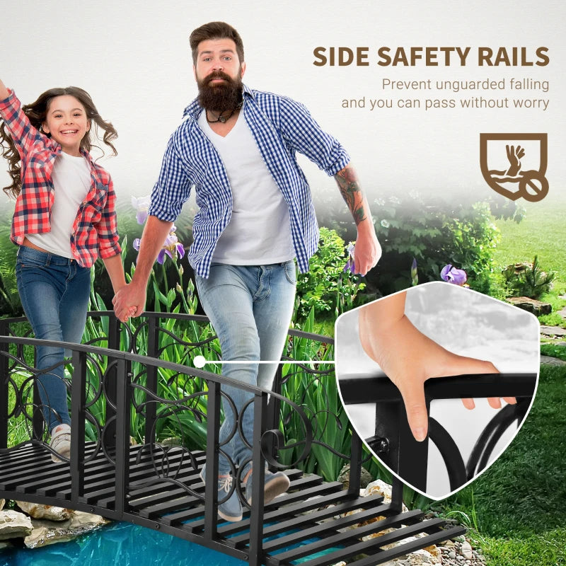 Metal Arch Garden Bridge With 660 Lbs. Weight Capacity, Safety Siderails, Vine Motifs, Easy Assembly For Creek, Stream, Pond, Black