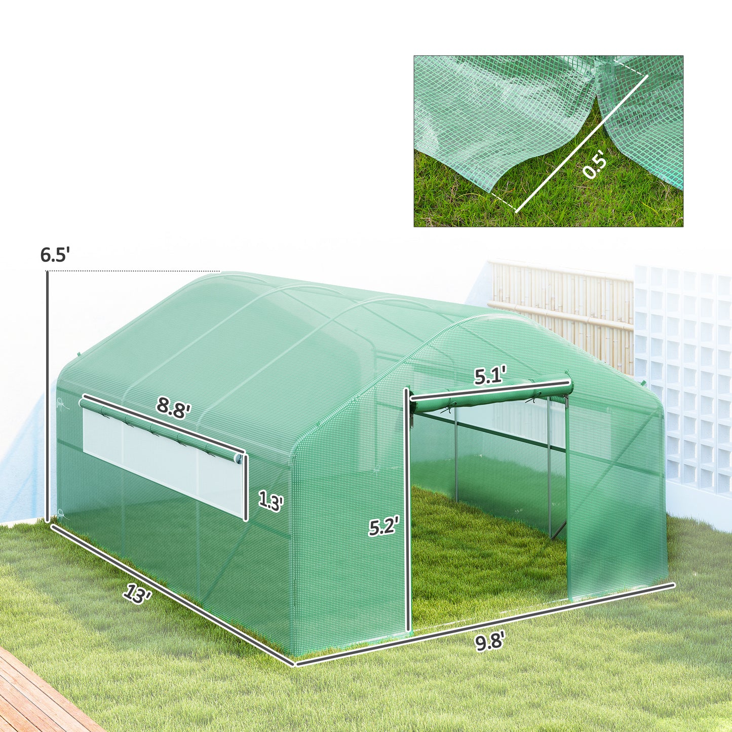 13' X 10' X 6.5' Tunnel Greenhouse Hoop House With Upgraded Galvanized Steel Frame And Large Windows, Green