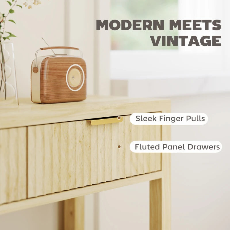 Console Table With Storage, Narrow Entryway Table With Fluted Panel Drawers And Shelf For Hallway, Natural