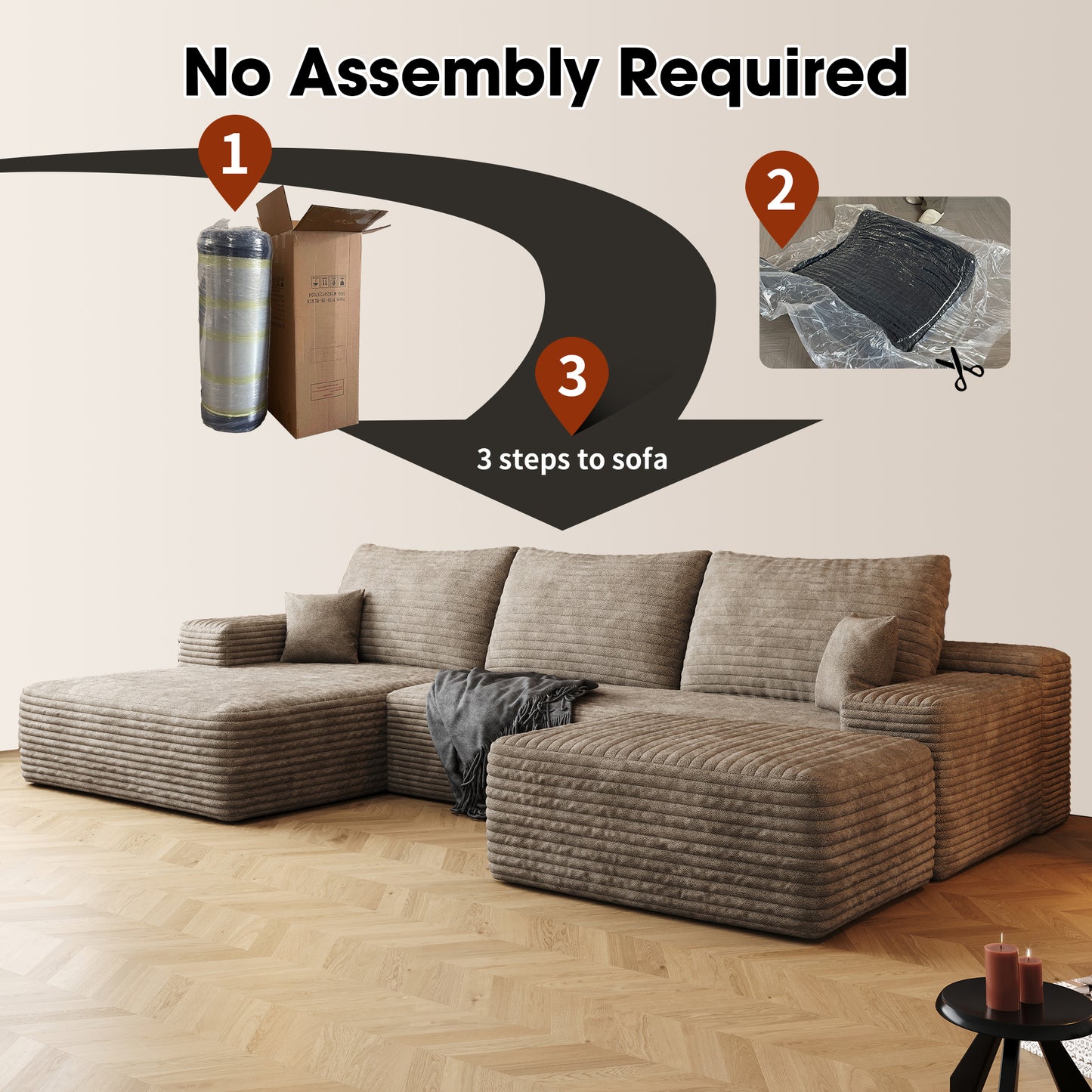 107 Cloud Sectional Sofa With 1 Ottoman,Modern Minimalist Upholstered Couches,Comfort U Shaped Sofa For Living Room,Deep Seat Corner Couch,No Assembly Required,Camel  Plush Corduroy Fabric