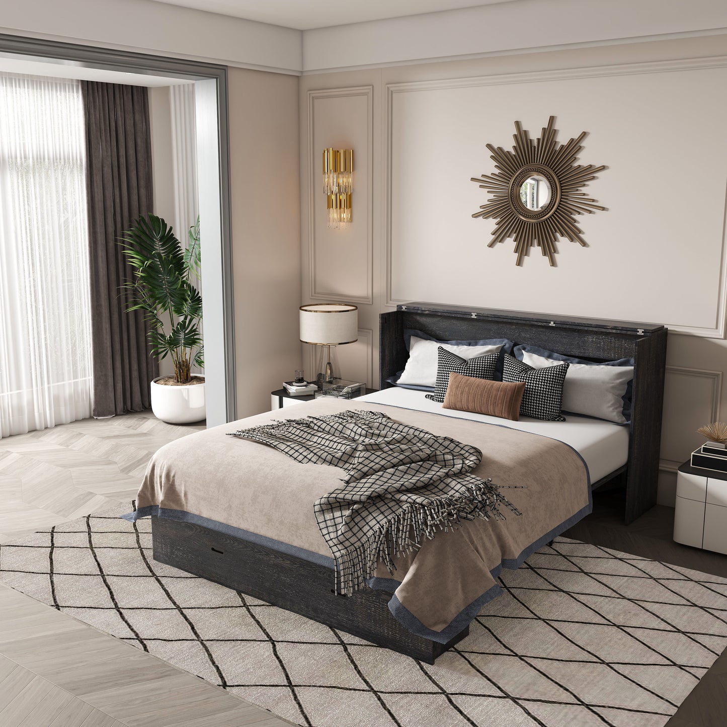 57 Inches Murphy Bed, With Storage Drawers And Charging Cabinet, With Foldable Panels, With Swivel Wheels, Noise-free, Suitable For Guest Rooms, Living Rooms And Offices, Carbon Black OldskuW509S00157