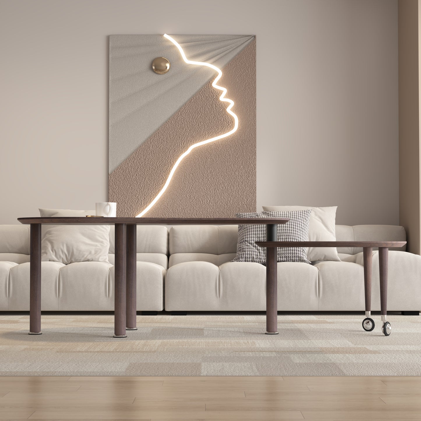 360 Degree Rotatable Coffee Table With Walnut Color Wood Grain OAK Veneer Tabletop For Living Room, Bedroom, Rotating Cocktail Table With Solid Rubber Wood Legs, Waterproof And Wear-resistant PU Paint