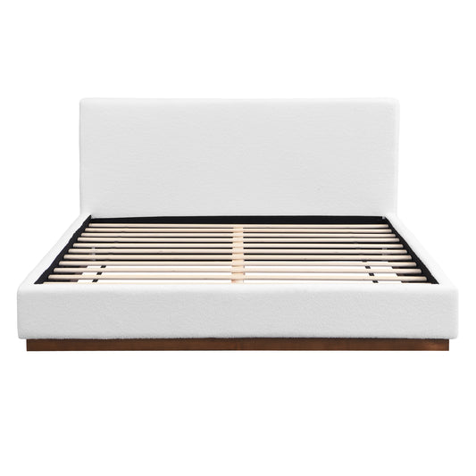 Elegant White Fabric Upholstered Bed With Nice Wood Grain Textured Solid Wood Base Frame,White,Queen
