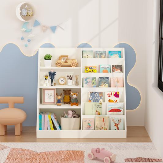 Kids Bookshelf And Toy Storage Organizer, Multifunctional 4 Tier Wooden Kids Book Shelf With  Bookcase Display Stand In Kids Room Playroom Nursery For Kids, Children, Toddlers White
