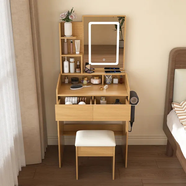 Vanity Table With LED-Illuminated Mirror, Power Outlet, Hairdryer Holder & Stool - Compact Dressing Desk For Small Bedrooms-Wood