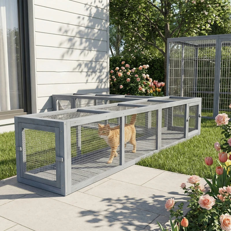 PawHut Wooden Cat Run With Weather Protection, Connecting Inside And Outside, Dark Gray