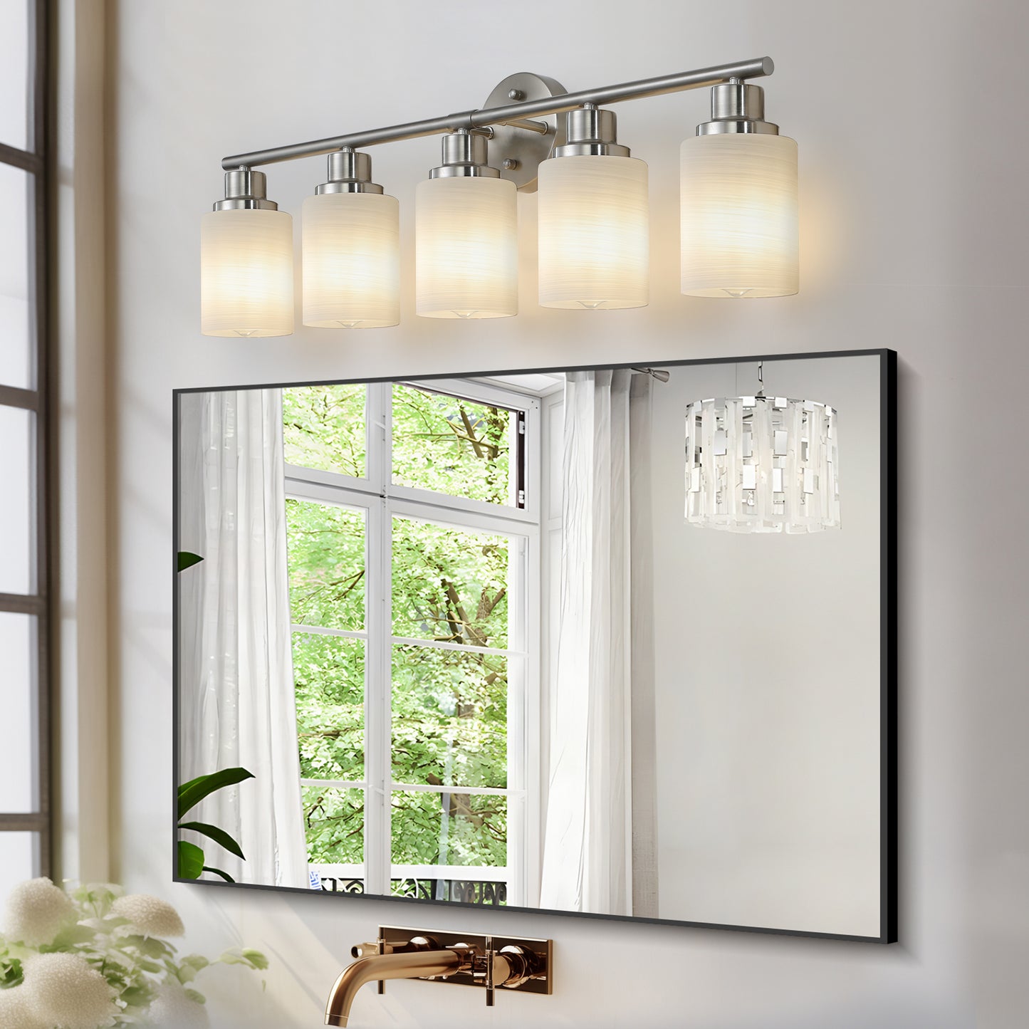 31 Modern 5-Light Vanity Wall Sconce, Brushed Nickel Finish With Frosted Glass Shades For Bathroom Or Hallway Lighting  No Bulbs