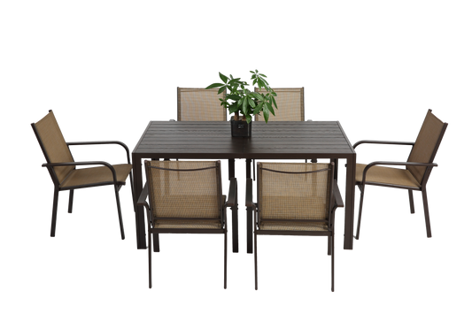 7 Pieces Patio Dining Set,  Outdoor Furniture Table And 6 Textilene Chairs, Outdoor Furniture With Rectangular Table And 6 Stackable Chairs Family Conversation Set For Garden Backyard Deck-Brown