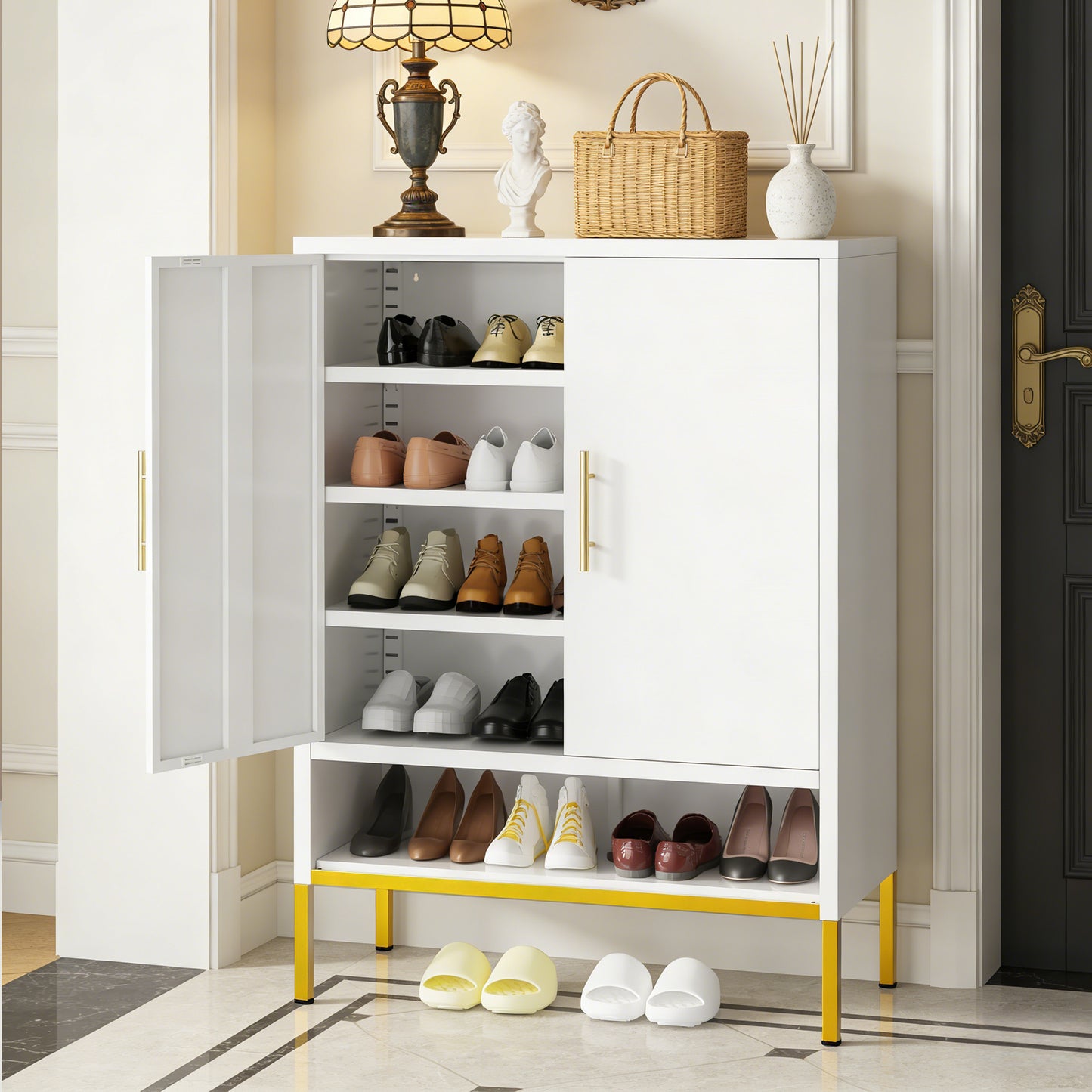 40inch Tall 2-Doors Shoes Cabinet, Metal 7-Tier Hidden Shoe Organizer,Modern Narrow Shoe Storage Cabinet With Adjustable Shelves For Entryway, Hallway, Closet, Bedroom, Living Room,Laundry Room White