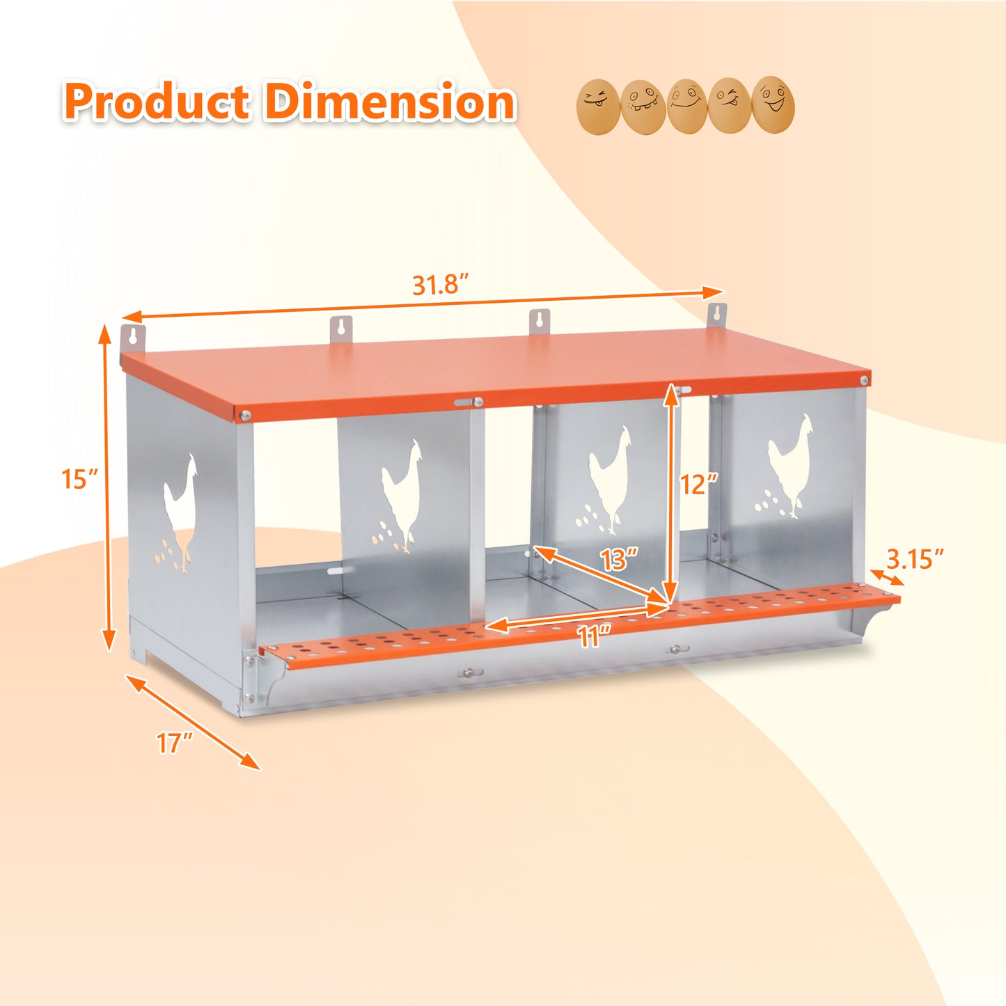 3-Bay Metal Nest Box-Wall Mount For Hens Ducks, Easy Egg  Assembly, Vented Galvanized Steel Coop Equipment Orange