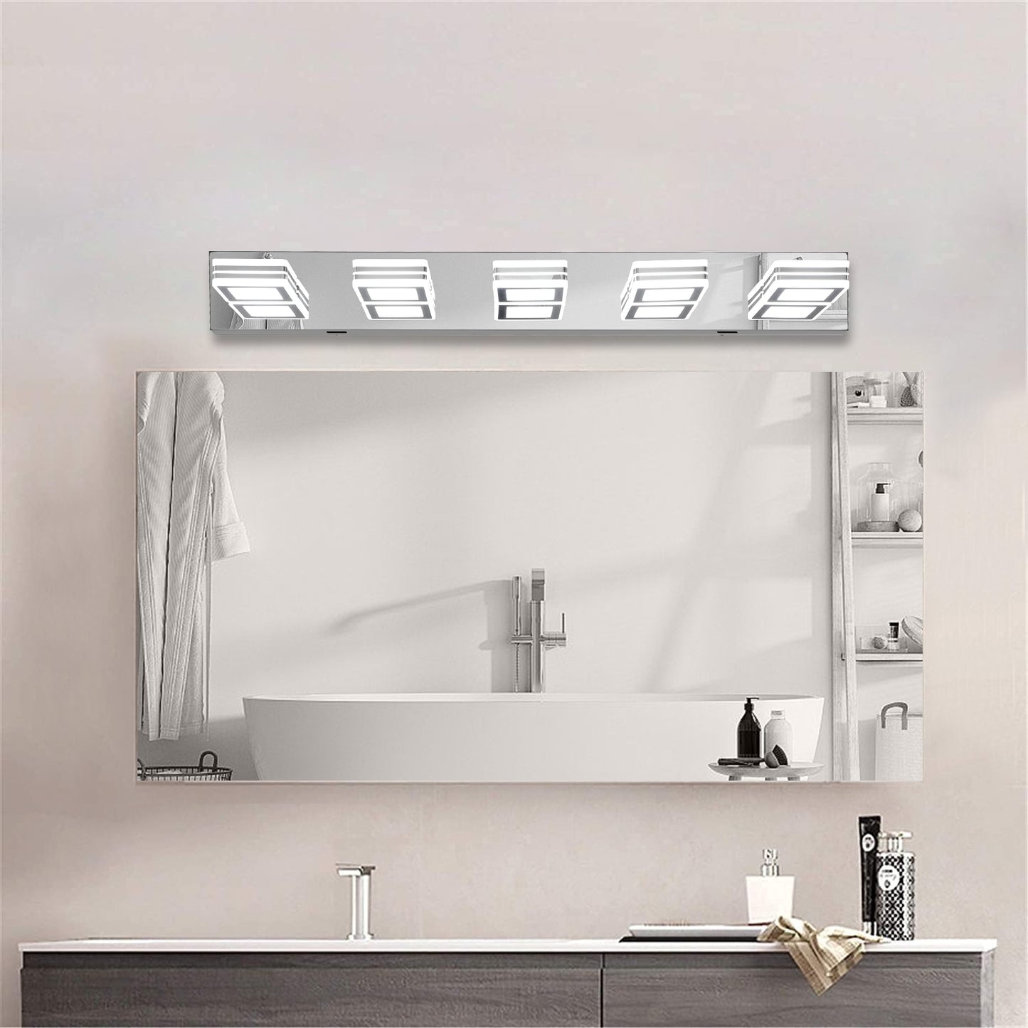 32in  Modern Chrome 5-Light LED Vanity Light, Square Acrylic Lampshades Wall Mount Fixture For Bathroom, Mirror Lighting