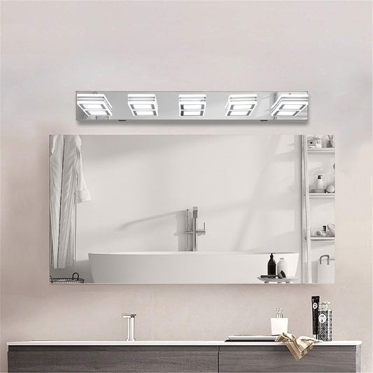 32in  Modern Chrome 5-Light LED Vanity Light, Square Acrylic Lampshades Wall Mount Fixture For Bathroom, Mirror Lighting