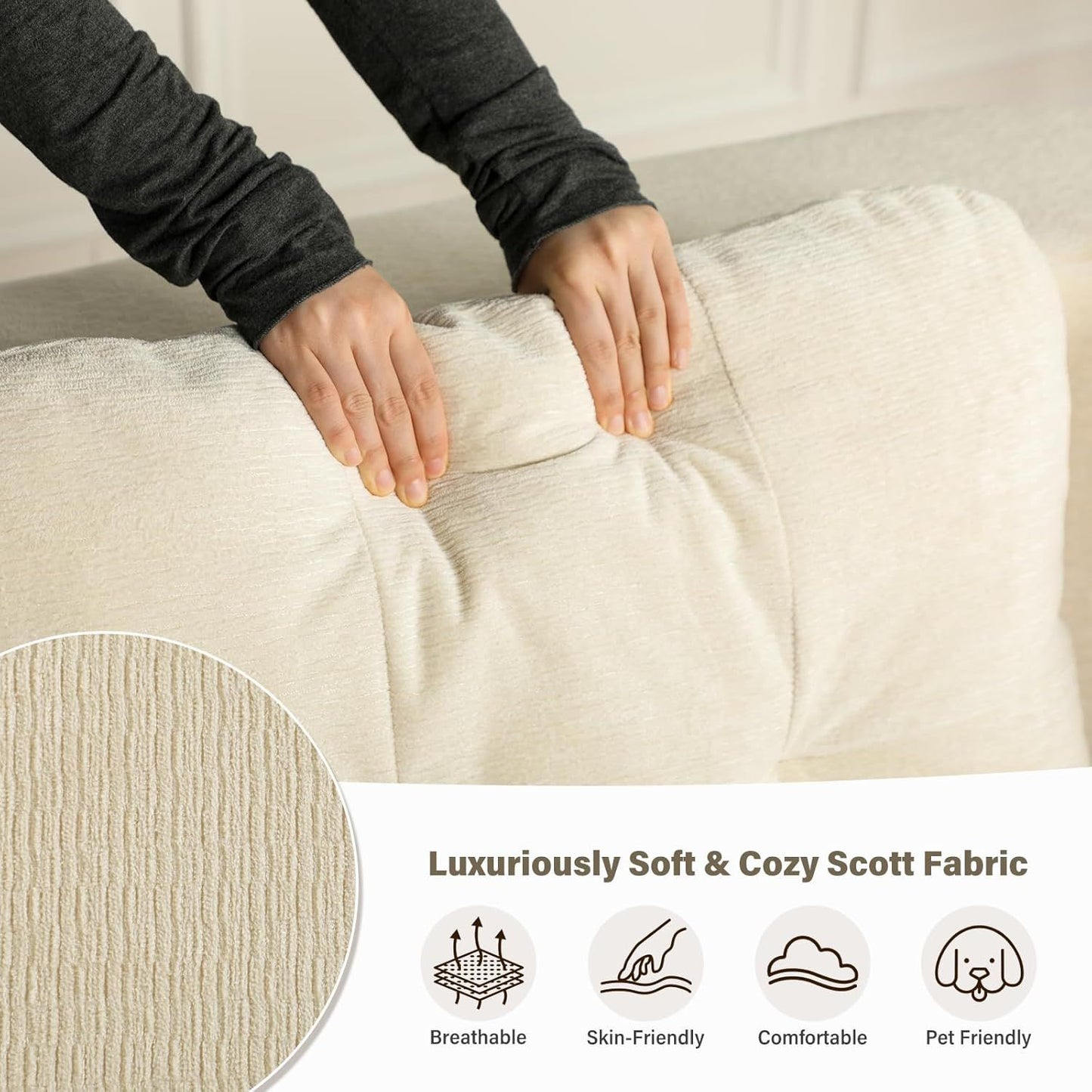 Convertible Sofa Bed With Blanket, Boneless Cloud Couch Queen   Fabric For Living Room Bedroom, Modular Loveseat With High-Density Solid Sponge No Assembly,Beige.