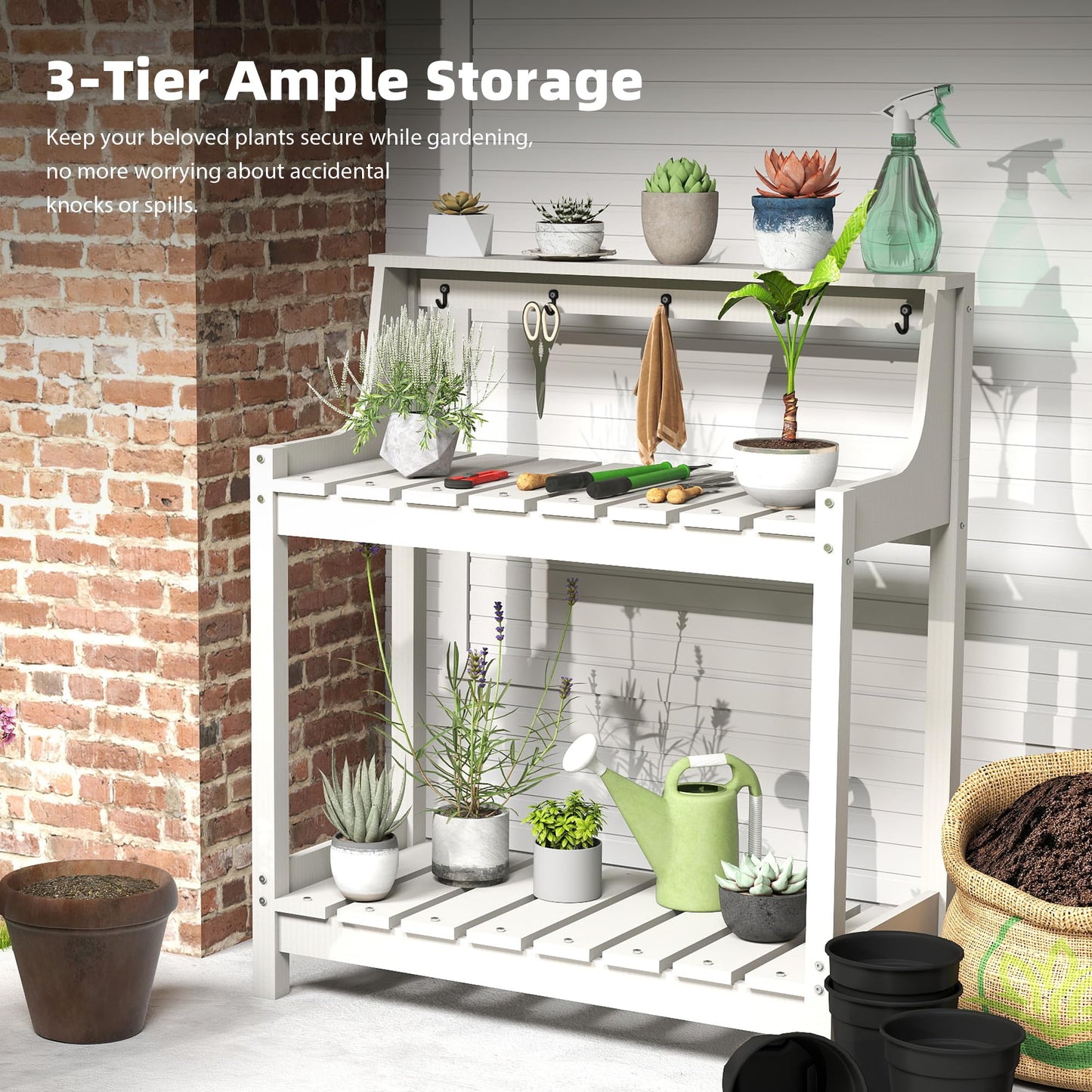 Potting Benches For Outside, HDPE Garden Potting Table All Weather, Outdoor Potting Table With Storage For Patio, Backyard, Garden, White