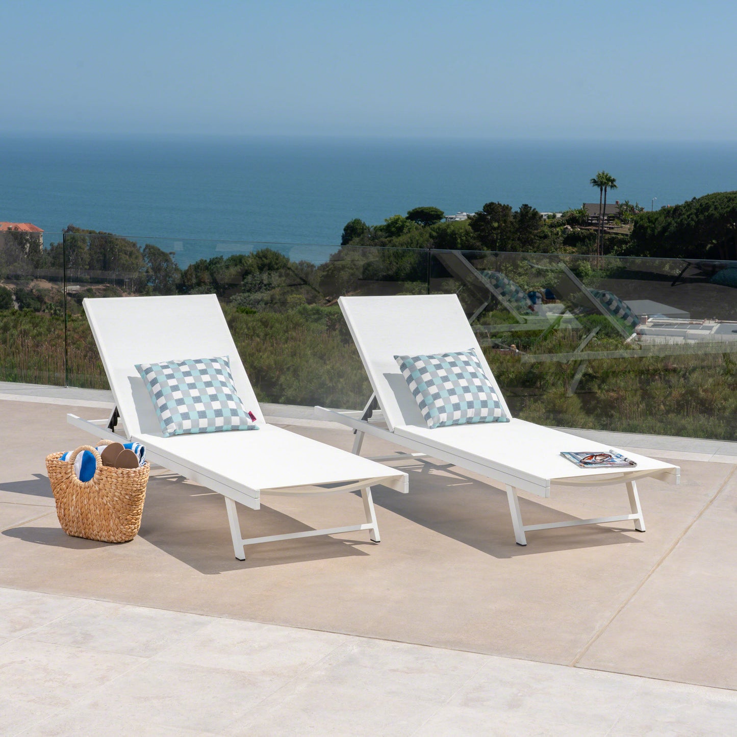Outdoor Chaise Lounge Set Of 2, 5-Position Adjustable Backrest, White Steel Frame With Textilence Seat, Patio Poolside Reclining Chairs